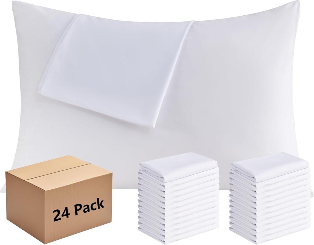 White Pillowcases Standard Size 24 Pack - Bulk Pillow Cases with Envelope Closure, Soft Brushed Microfiber Pillow Covers Hospital Hotel Airb&bs Essentials for Hosts, 20x26