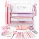Kosiz 21 Pcs Pink Desk Organizer Pink Office Accessories 4 Tier File Organizer with Drawer Stapler Tape Dispenser Sticky Note Clips Pen Highlighter Scissors Aesthetic Accessories for Office Supplies