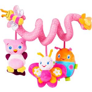 Jollybaby Crib Stroller Car Seat Toys for Baby 0-3-6-9-12 Months, Tummy Time Hanging Sensory Toys for Newborn with Music Box and Teether, Spiral Carseat Toy for Infant Boys Girls Gifts (13-Pink)