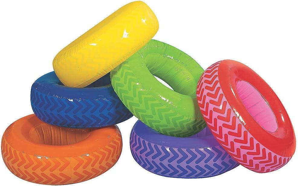 Fun Express Inflatable Obstacle Course Tires for Kids PE Equipment - 6 Colorful Vinyl Tires Set for Indoor Outdoor Games | Perfect for Ages 3-12 Backyard Field Day Activities