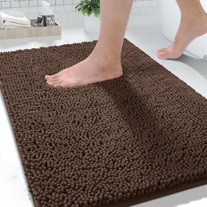Yimobra Washable Bathroom Rugs, Super Soft & Absorbent Chenille Bath Mat for Floor & Carpet, Quick Dry Non Slip Bath Mat for Tub Shower, 24" x 17",Brown