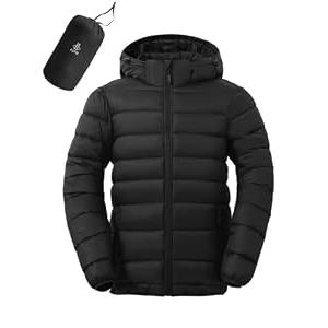 ASPO Men's Packable Puffer Jackets Winter Lightweight Detachable Hood Water-Resistant Down Coats Warm Insulated Hiking Travel Black M