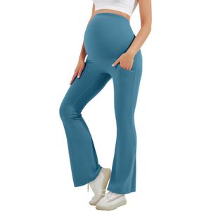 HEGALY Women's Maternity Flare Leggings Over The Belly - Casual Pregnancy Yoga Pants with Pockets Buttery Soft Teal Blue,Large