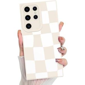 KANGHAR Compatible with Samsung Galaxy S23 Ultra Case, Silicone Checkered Cute Pattern, Camera Protection Soft Slim Phone Case for Girls Women -White