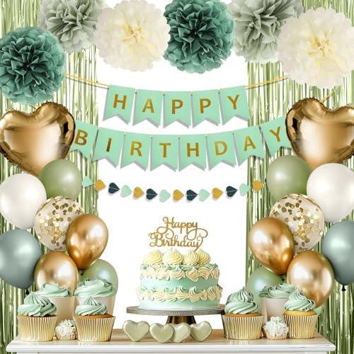 Green Birthday Decorations for Women, Happy Birthday Party Decorations, Happy Birthday Banner, Green Balloons, Foil Fringe Curtains, Tissue Paper Pompoms, Heart Garland, Party Decor for Girls