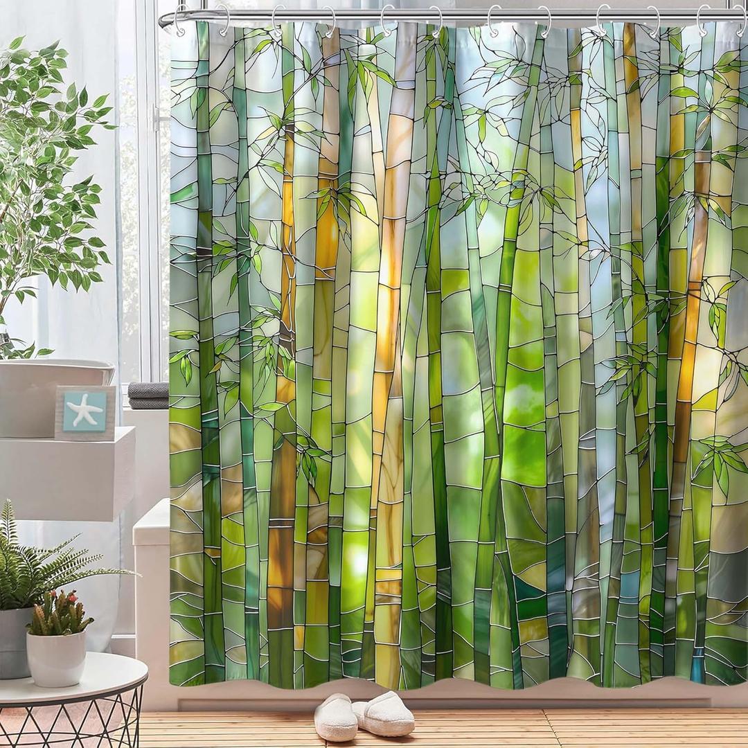 Green Plant Stained Glass Shower Curtain for Bathroom Waterproof Modern Flower Nature Themed Bathroom Decor Polyester Fabric 72 x 72 inch with Hooks(Green)