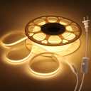 Outdoor COB LED Strip Lights Waterproof Self-Adhesive Plug In with Switch AC 110V-130V 82FT Warm White 3000K Super Bright 288LEDs/M Flexible DIY Cuttable COB LED Rope Lights for Under Cabinets Patio, 25M
