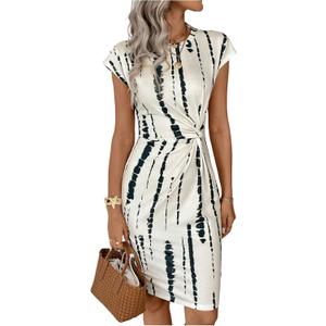 Milumia Women's Twist Printed Dress Ruched Crew Neck Dolman Cap Sleeve Summer Dresses (Large, Multicolor)