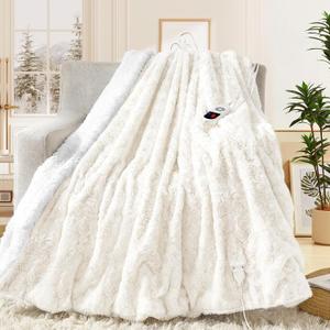 MAXEVE Heated Blanket Electric Throw 50"x60" Faux Rabbit Fur Sherpa Blankets with 6 Heating Sets & 12 Hours Auto Off, Warm Gifts for Grandma Wife, ETL Certification
