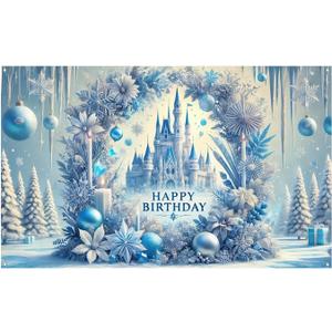 Frozen Birthday Party Decorations, Princess Castle Backdrop for Girls, 71x43 Inch Large Banner, Magical Snow Queen Winter Wonderland Photography Background, Ice Theme Kids Event Decor