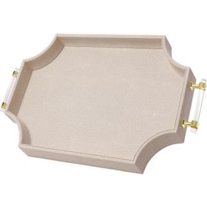 22.6'' 13'' Coffee Table Tray Shagreen Decorative Tray for Ottoman Home Decor Serving Tray with Acrylic Gold Handles Modern Elegant Scalloped Large Ottoman Tray