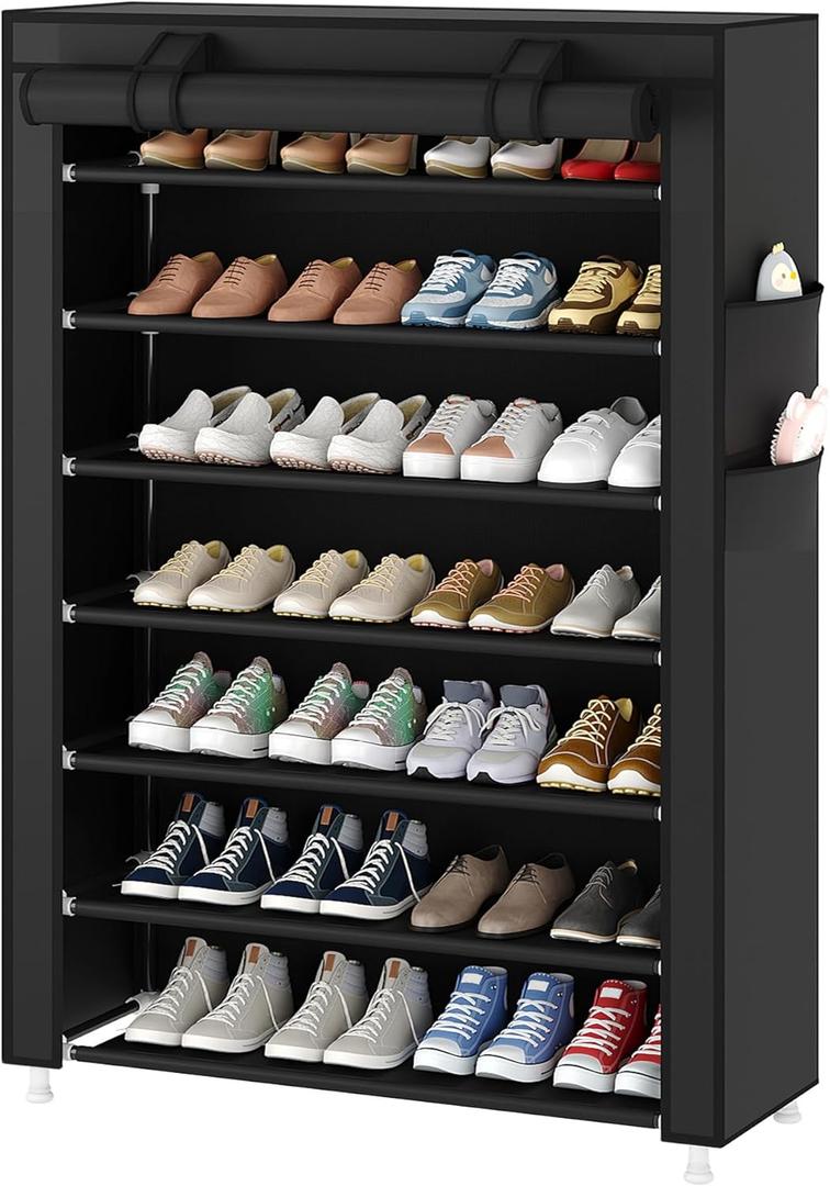 Laiensia 7Tier Vertical Shoe Rack Organizer, Space Saving Shoe Storage Organizer, NonWoven Cover Shoe Shelf Holds 2835Pairs for Bedroom, Hallway, Closet Entryway, Black
