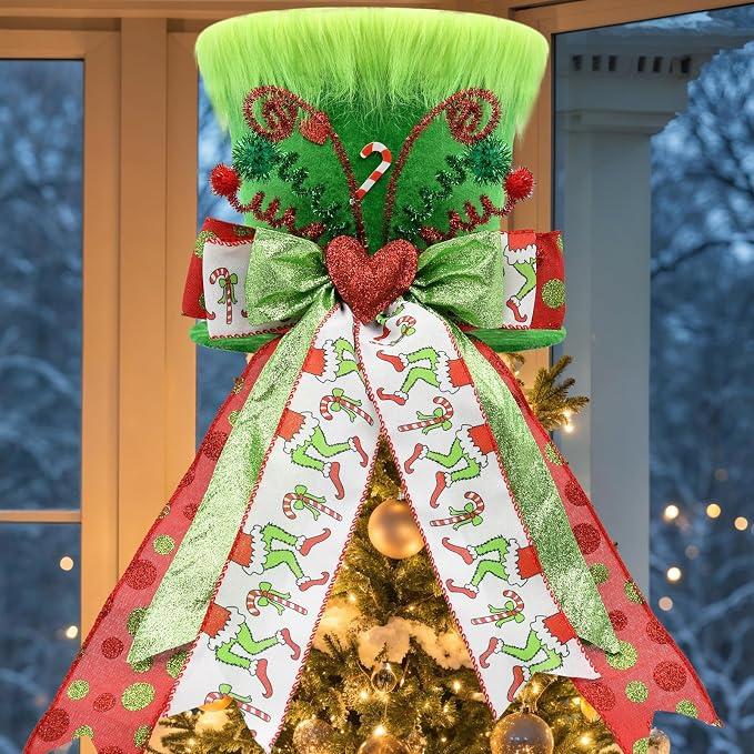 nuvagiki Christmas Tree Topper, Christmas Decorations Indoor, Large Green Velvet Hat with Glitter Ribbon Bow, Christmas Tree Ornaments Decorations for Home, Xmas Holiday Winter Gift Decor