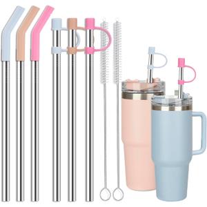 6 Large Diameter Straws with covers for Stanley Tumbler, Reusable Stainless Steel Straws with Silicone straw tips, Perfect for Stanley 40 oz Accessories (12 Inch, 3 Straight and 3 Bent Straw Fit 40oz)