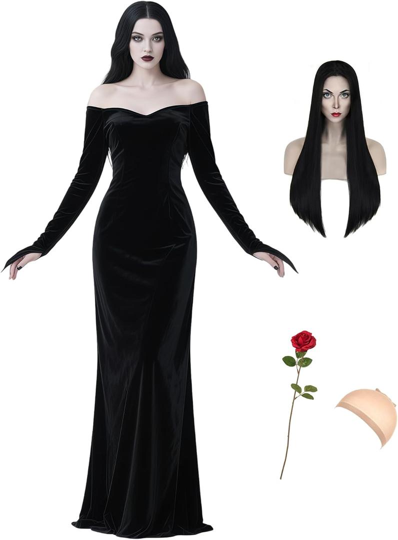 Halloween Costume for Women Black Gothic Dress Costume with Wig Red Rose Cute Soft Black Dress for Cospaly Costume (Black, XXL)