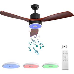 52 Inch Wood Ceiling Fan with RGB Dimming LED Light,with Music Bluetooth Speaker,Remote Control,3-Speed Regulation, Reversible Motor,Timing,for Living Room,Bedroom,Restaurant,Outdoor