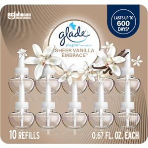 Glade PlugIns Refills Air Freshener, Sheer Vanilla Embrace, Scented and Essential Oils for Home and Bathroom, 0.67 Fl Oz, 10 Count