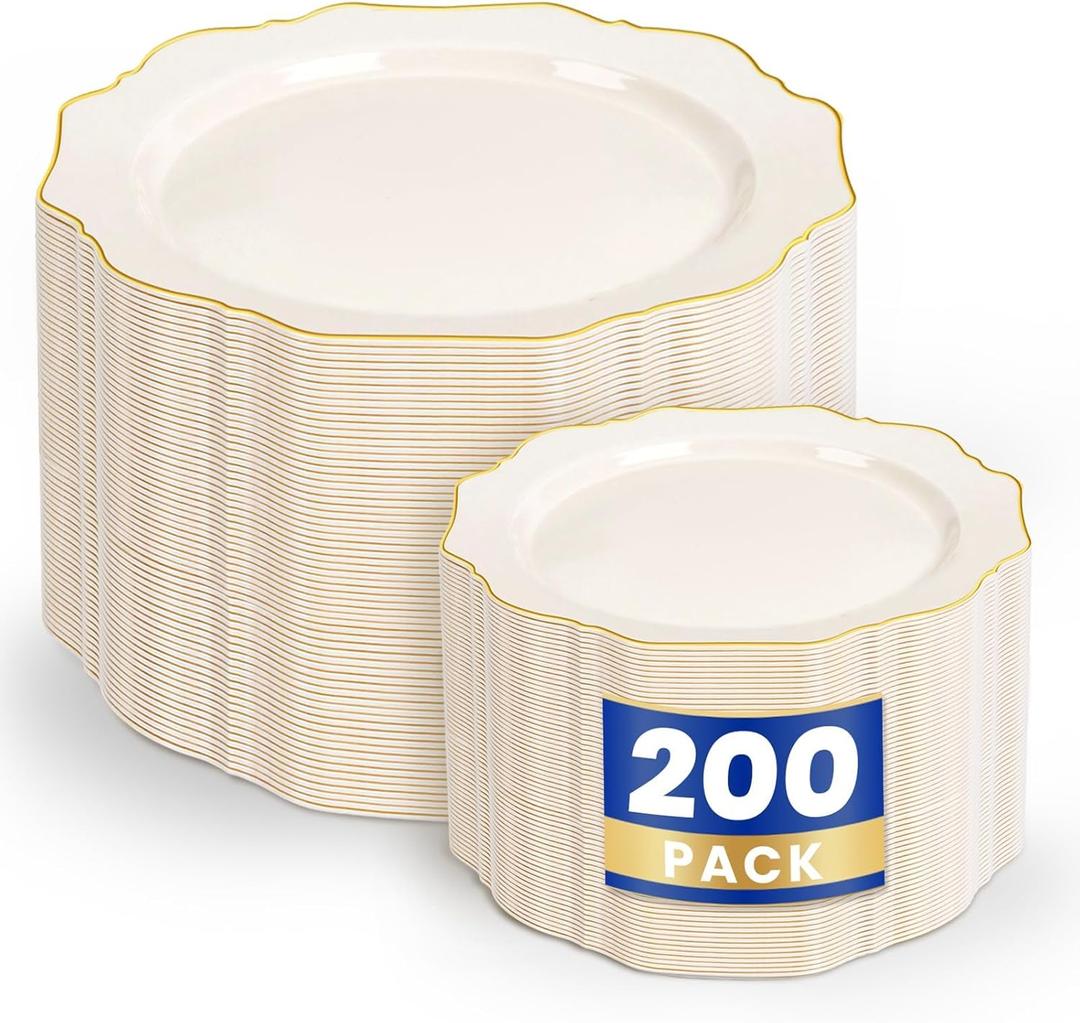 WDF 200PCS Ivory Plastic Plates with Gold Rim - Cream Plastic Plates - Include 100 Dinner & 100 Dessert Fancy Disposable Plate for Party - Heavy Duty Plate for Wedding/Baby Shower/Spring