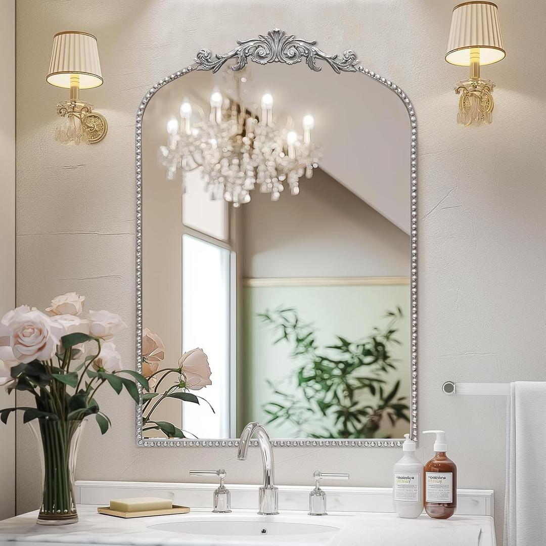 Antique Silver Arch Wall Mirror, 24"x36" Traditional Vintage Mantel Mirror with Ornate Metal Frame, Baroque Home Decor for Fireplace/Entryway/Bathroom/Living Room/Hallway