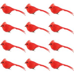12 Pcs Cardinal Birds for Crafts, Christmas Artificial Red Birds Clip, Mini Cardinal Clip On Christmas Tree Ornaments Artificial Red Bird Decoration Bird Craft Ornament