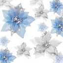Boao 24 Pieces Christmas Artificial Glitter Poinsettia Flowers Xmas Flowers Wedding Christmas Tree New Year Ornaments (Sky Blue and Silver)