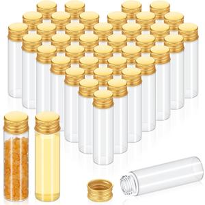 Didaey 100 Pcs Small Clear Vials Spice Mini Jars with Lids Mini Glass Bottles with Screw Aluminum Metal Caps Tiny Jars Sample Containers for Powder Cream Cosmetic Jewelry Wedding (20 ml,Gold Caps)