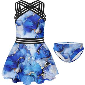 ADUKIDE 9-18T Girls Two Piece Tankini Swimsuits Teens Criss Cross Straps Bathing Suit Flowy Swimdress with Bottom, 11-12Y