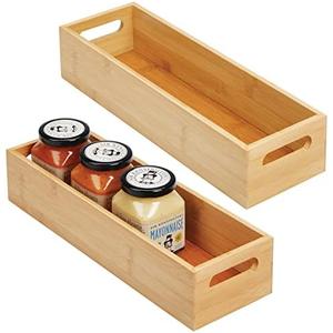 mDesign Set of 2 Kitchen Storage Box – Open-Top Bamboo Storage Tray with Handles – Ideal for Use as a Cupboard Organiser or on The Shelf – Natural (14.5 x 4.6 x 3 (Pack of 2))