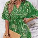 Women's V-Neck Wrap Around Cinched Waist Floral Print Jumpsuit, Suitable For Beach Vacation (Green, XS)