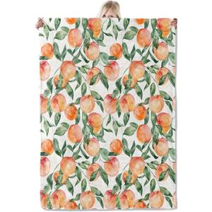 Peach Blanket 50×60 Inch,Elegant Watercolor Fruit Lightweight Flannel Throw with Green Leaves on White Background,Summer Farmhouse Home Picnic Decor,Gifts for Girls,Women