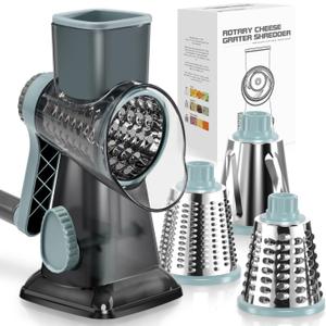 KEOUKE Rotary Cheese Grater Hand Crank Transparent - Shredder Slicer Grinder 3 Stainless Steel Blades, Stable Suction, Labor-Saving Handle, Safe Kitchen Tool for Cheese, Vegetable, Nuts, Chocolate (3 IN 1, Grey Blue SP)