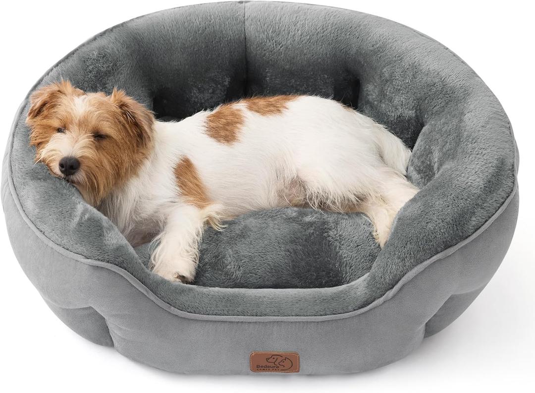 Bedsure Dog Bed for Medium Dogs - Round Washable Medium Pet Bed, Anti-Slip Donut Fluffy Plush Indoor Fur Cat Bed, 28 inches, Grey