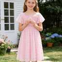 Kids4ever 6-12T Girls Chiffon Dress with Solid Pom Poms & Flutter Ruffle Short Sleeve Kids Lace Square Neck Frocks, 13T