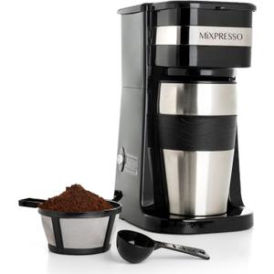 Mixpresso Personal Single Serve Coffee Maker & 14oz Travel Mug, Drip Small Coffee Maker & Tumbler, Auto Shut Off & Reusable Filter, Compatible with Coffee Grounds (Black)