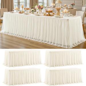 4 Pack Ivory Tablecloth for 8 Foot Rectangle Tables with Tulle Table Skirt, 96" x 30"