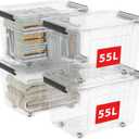Cetomo 60Qt*4 Plastic Storage Bins, Storage Box, 4 Pack, Organizing Container with Wheels, Durable Lids and Secure Latching Buckles, Stackable and Nestable, Clear with Black Buckle