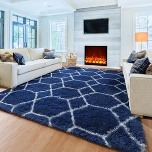 ONASAR Large 6x9 Area Rugs for Living Room, Fluffy Geometric Navy and White Rug for Boys Bedroom Home Decor Aesthetic, Soft Shaggy Plush Floor Carpet for Girls Teen Nursery Playroom Office Dorm