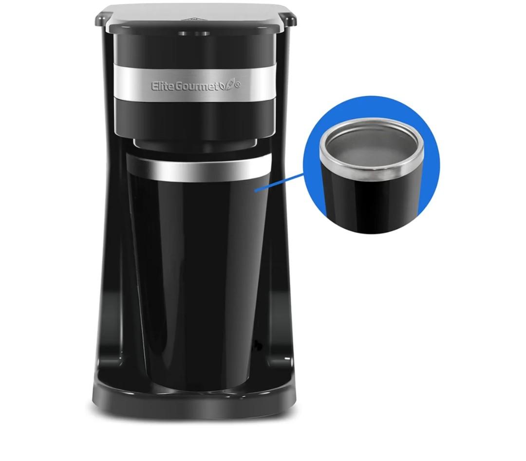 Elite Gourmet EHC111A Personal Single-Serve Compact Coffee Maker Brewer Includes 14Oz. Stainless Steel Interior Thermal Travel Mug, Compatible with Coffee Grounds, Reusable Filter, Black