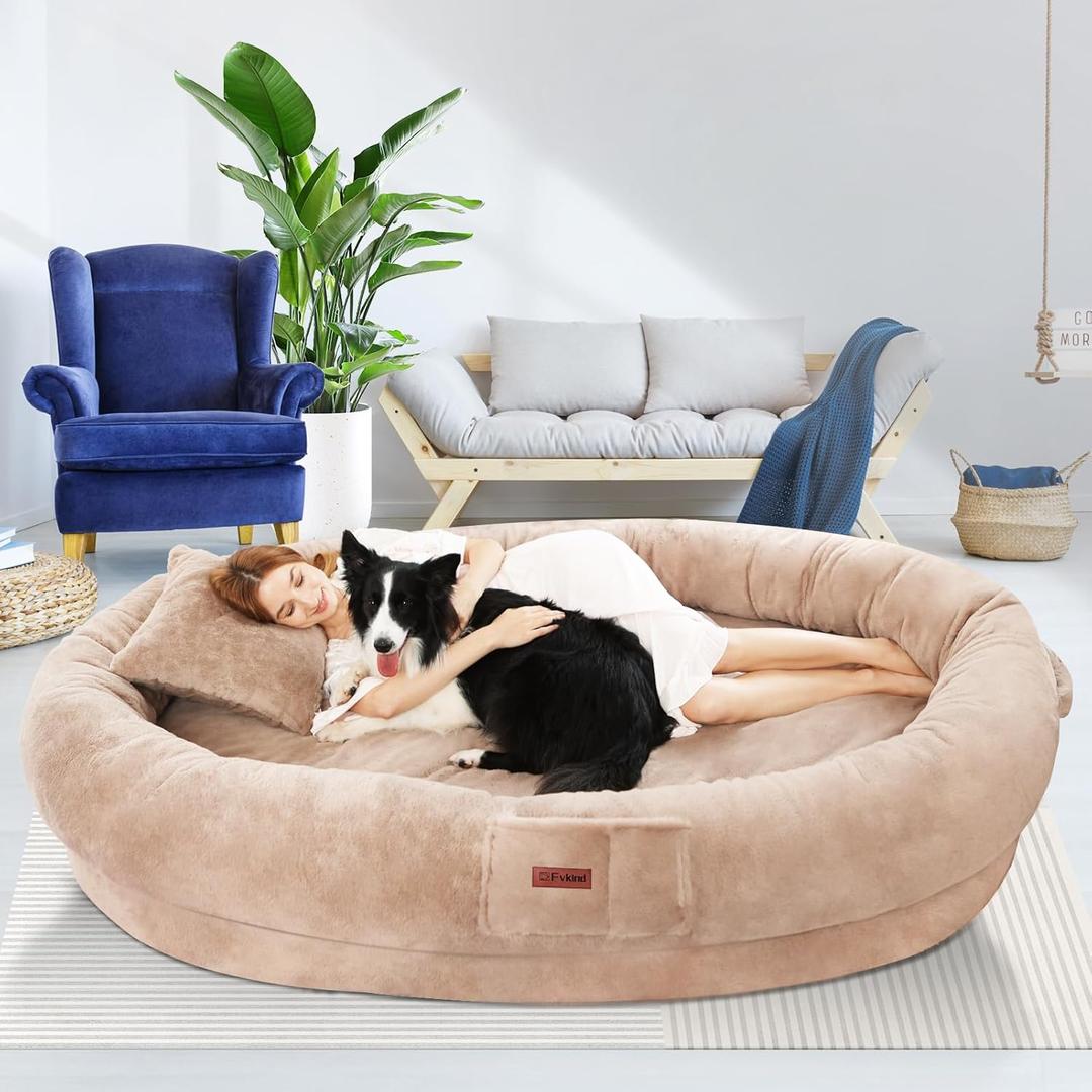Human Dog Bed for Adults, 73"x56"x12" Washable Orthopedic Size, Faux Fur Removable, Cozy Large Present with Blanket and Pillow, Khaki