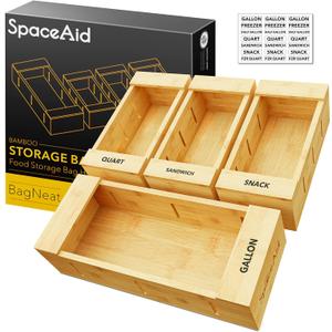 SpaceAid Bag Storage Organizer for Kitchen Drawer, Bamboo Organizer, Compatible with Gallon, Quart, Sandwich and Snack Variety Size Bag (4 Pack) (Natural, 3"H)