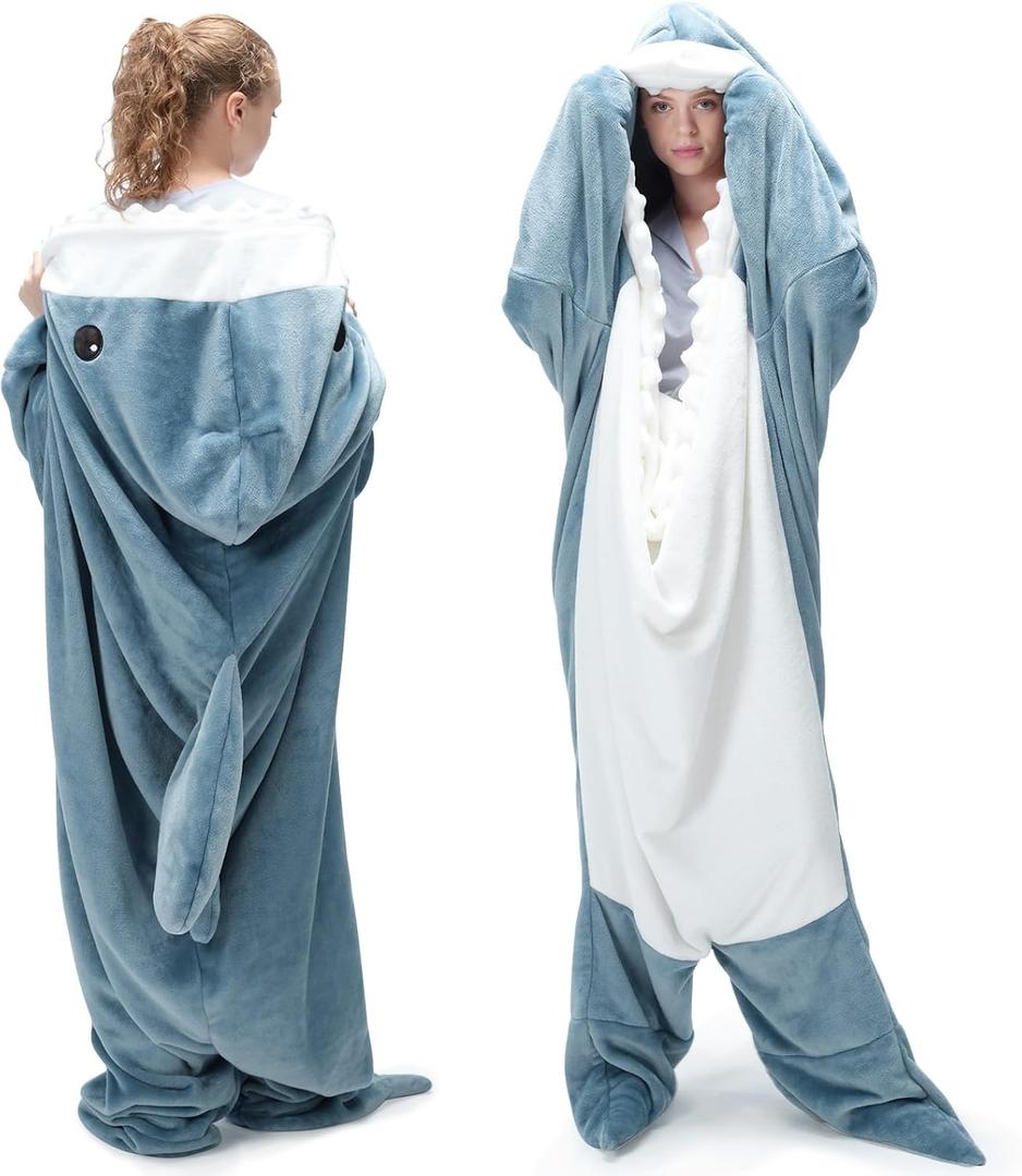 Touchat Shark Blanket for Adult Super Soft Cozy Flannel Throw Wearable Blanket, Cartoon Animals Shark Blanket Hoodie, Sleeping Bag Cosplay Shark Costume Blanket Gifts for Shark Lovers (Blue,M)