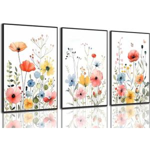 KISSFOX Framed Colorful Wildflower Canvas Wall Art Set Of 3 Flowers Pictures Prints Flowers Printing Floral Watercolors Flower wall Decor Living Room Girls Bedroom Bathroom, 16x24 In Black Framed