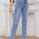 Metietila Women's High Waisted Jeans with Patch Pockets Straight Leg Jeans Stretchy Denim Pants for Women (Blue, XL)