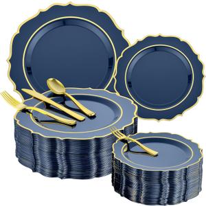 Noemie 300 PCS Premium Navy Blue Hard Plastic Plates Set for 50 Guests,Heavy Duty Disposable Plates for Party Wedding with Gold Silverware-50 Dinner Plates,Dessert Plates,Spoons,Forks,Knives