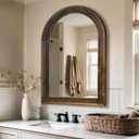 TRAHOME Arched Bathroom Mirror, 38"x26" Brown Wood Frame Wall Mirror, Farmhouse Vintage Vanity Mirror with Layered Frame for Entryway, Living Room, Bedroom
