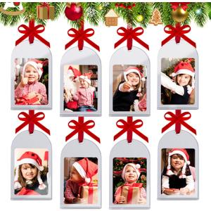 8Pcs Mini Vintage Christmas Acrylic Picture Frame Ornaments - 2x3 Inch Arch Small Wall Hanging Double-Sided Photo Frames with DIY Red Velvet Ribbon, for Christmas Tree Gifts Polaroid Fuji instax Mini (Silver Joy Combo)