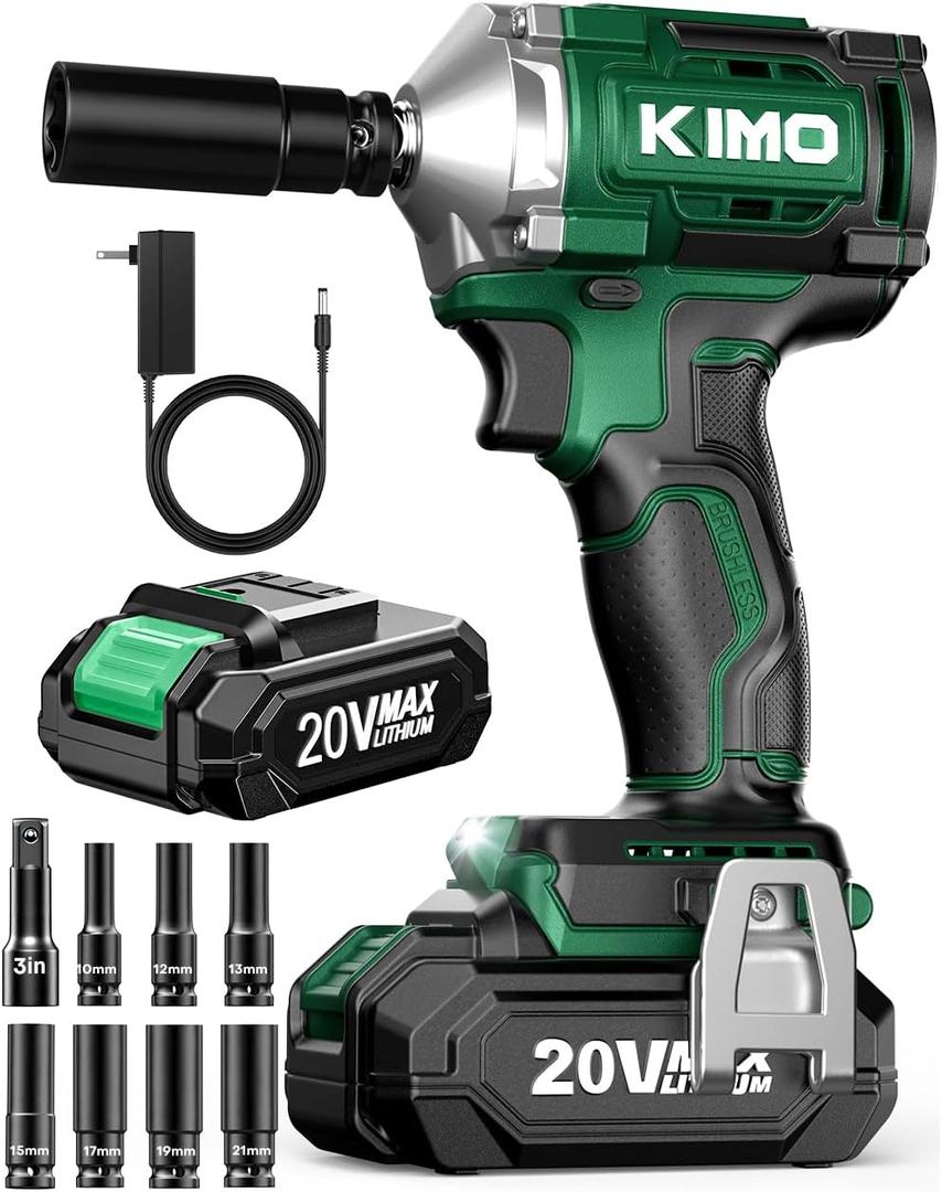 KIMO Cordless Impact Wrench 1/2", Brushless Impact Driver with 600 ft-lb Max Torque, 3000 RPM, 20V Electric Impact Wrench with 1 Hour Fast Charger & Variable Speeds, 1/2 Impact Gun for Car Home