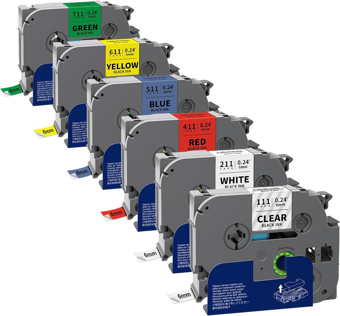 Labelwell 6-Pack TZe TZ Tape 6mm 0.23 Inch Laminated Multi Color Compatible for Brother P Touch Label Tape TZe-211 111 411 511 611 for PTouch PT-H110 D210 D220 D400, Clear/White/Red/Blue/Yellow/Green