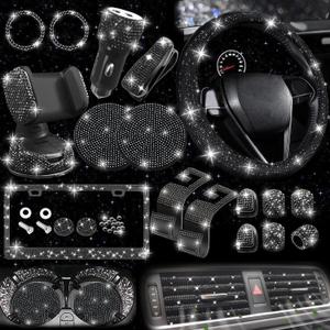NBTEPEM 27 PCs Black Bling Car Accessories Set for Women, Steering Wheel Covers Universal Fit 15 Inch, Bling License Plate Frame, Bling Phone Holder, Bling Car Coasters (Black Diamond)