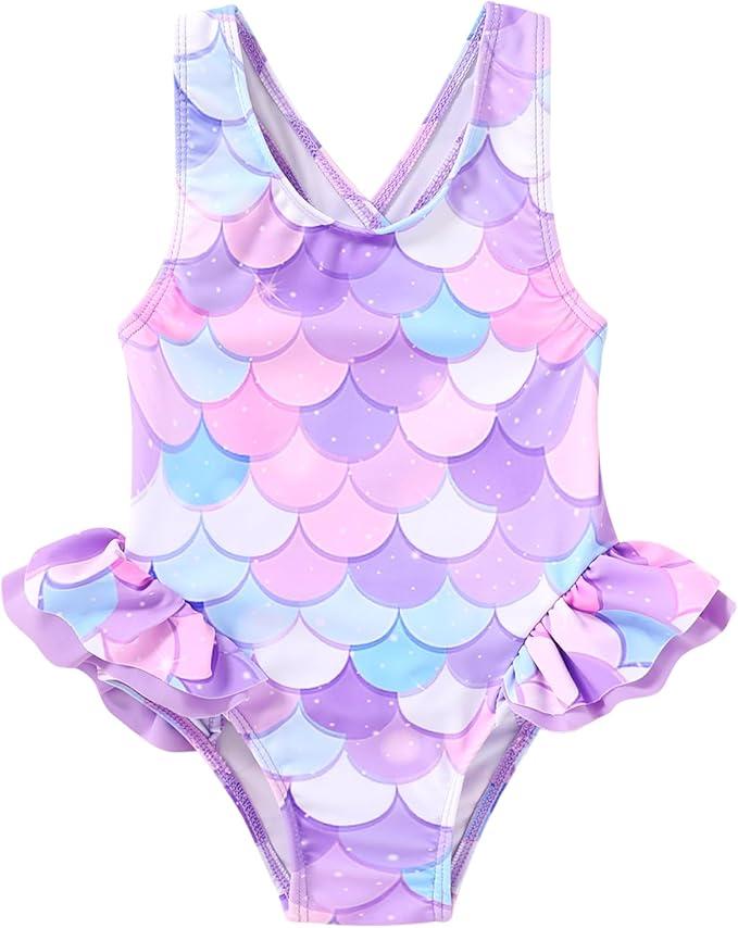 Toddler Swimsuit Girl Infant One Piece Swimwear Stripe Floral Summer Beach Bathing Suits with Bowknot (3-4T,Mermaid)